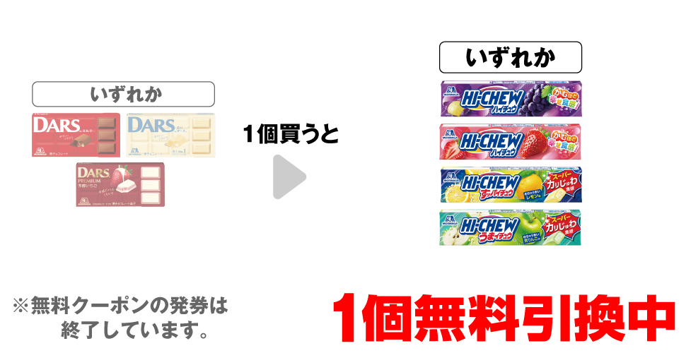 「森永 ダースミルク」「森永 白いダース」「森永 ダースプレミアム 芳醇いちご」いずれか1個買うと、「森永 ハイチュウ グレープ」「森永 ハイチュウ ストロベリー」「森永 すッパイチュウ レモン味」「森永 うまイチュウ 青りんご味」いずれか1個無料引換中 ※無料クーポンの発券は終了しています。