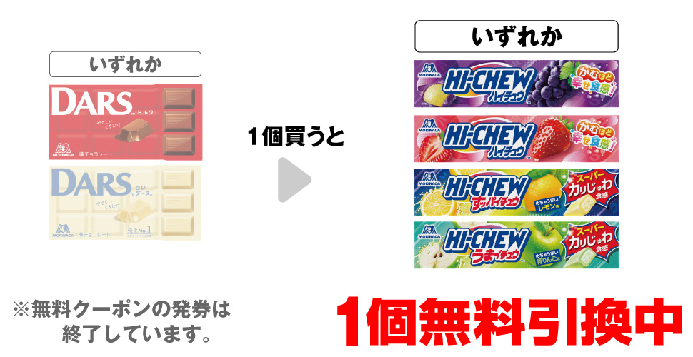 「森永 ダースミルク」「森永 白いダース」いずれか1個買うと、「森永 ハイチュウ グレープ」「森永 ハイチュウ ストロベリー」「森永 すッパイチュウ レモン味」「森永 うまイチュウ 青りんご味」いずれか1個無料引換中 ※無料クーポンの発券は終了しています。
