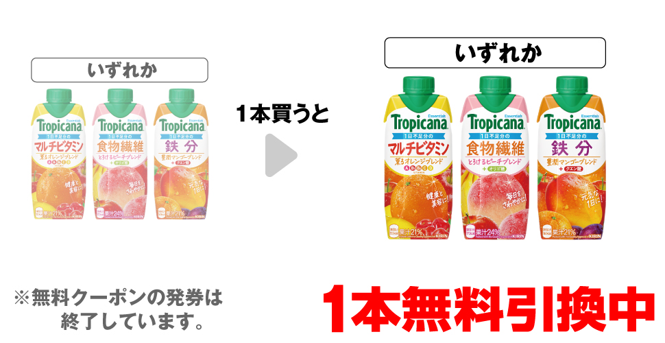 「エッセンシャルズ マルチビタミン 330ml」「エッセンシャルズ 食物繊維 330ml」「エッセンシャルズ 鉄分 330ml」いずれか1本買うと、同商品1本無料引換中 ※無料クーポンの発券は終了しています。
