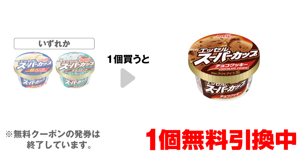 「明治 エッセル スーパーカップ 超バニラ」「明治 エッセル スーパーカップ チョコミント」いずれか1個買うと、「明治 エッセル スーパーカップ チョコクッキー」1個無料引換中 ※無料クーポンの発券は終了しています。