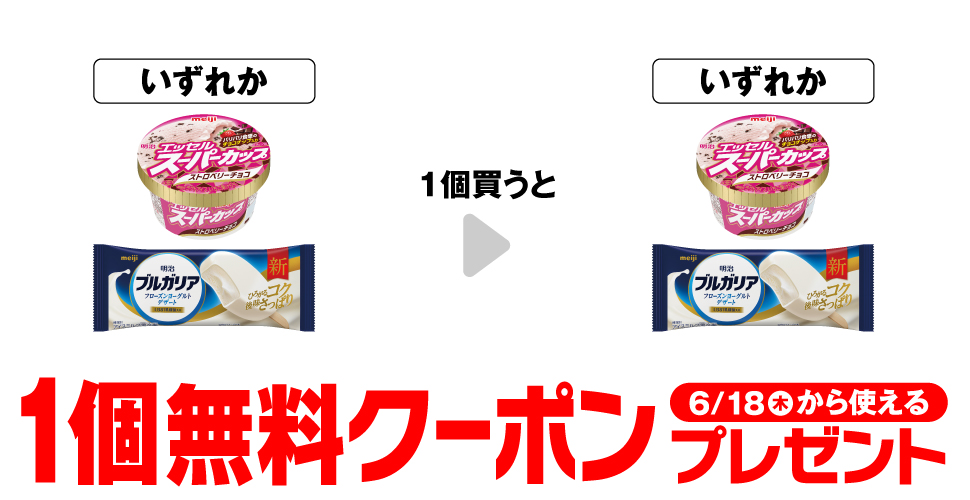 明治 エッセル ストロベリーチョコ・ブルガリア フローズンヨーグルトデザートいずれかを1個買うと、同商品いずれかが1個無料。