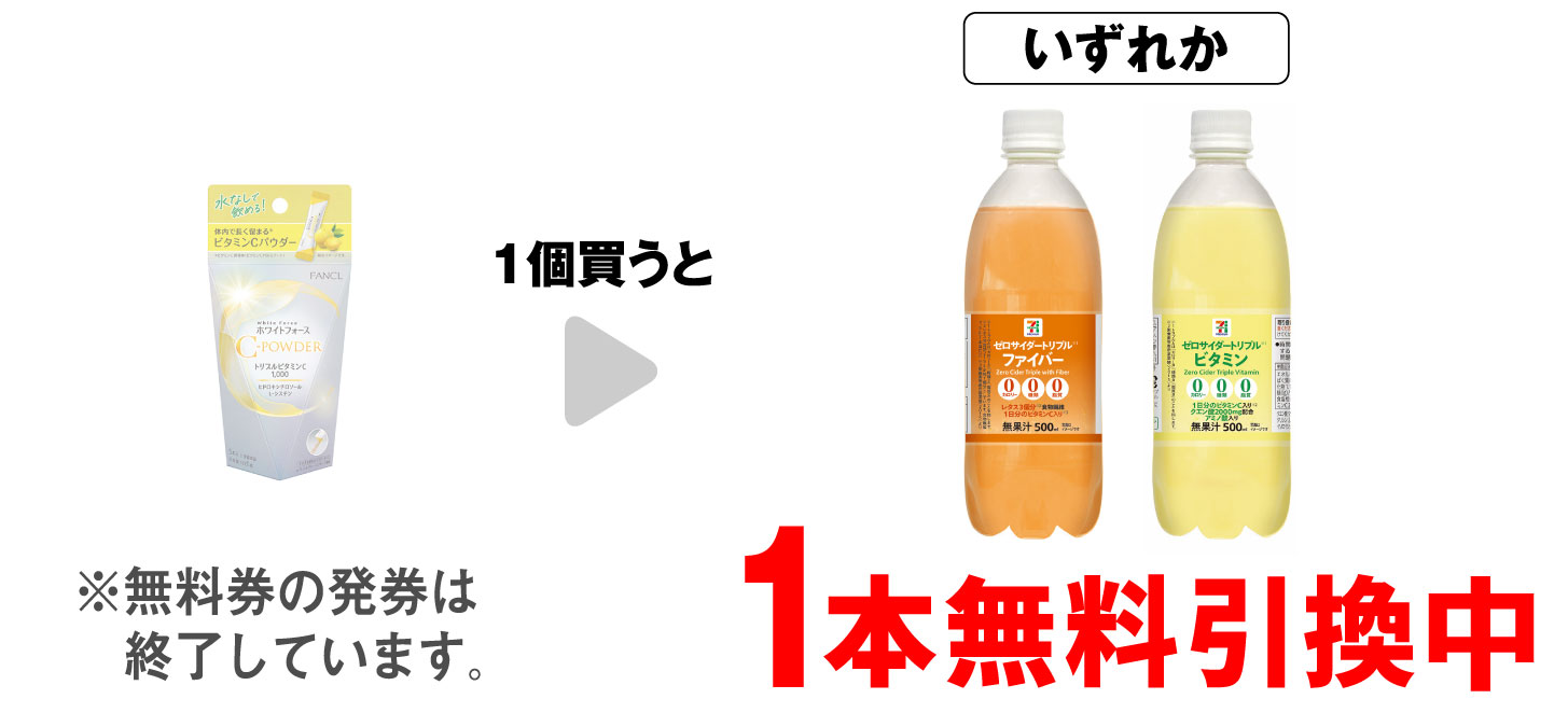 「ファンケル ホワイトフォース Cパウダー 5本」を1個買うと、「セブンプレミアム ゼロサイダー トリプルファイバー 500ml」「セブンプレミアム ゼロサイダー トリプルビタミン 500ml」いずれか1本無料引換中 ※無料券の発券は終了しています。