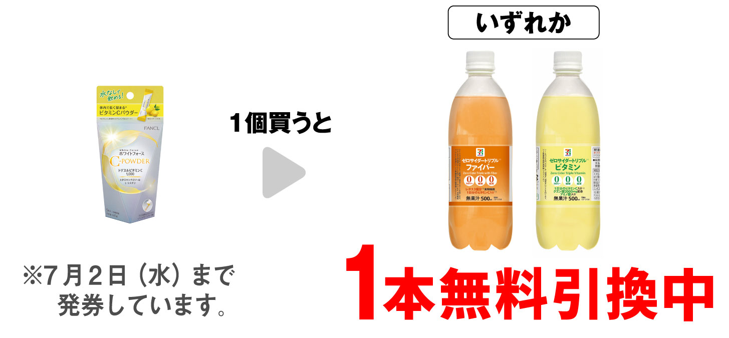 「ファンケル ホワイトフォース Cパウダー 5本」を1個買うと、「セブンプレミアム ゼロサイダー トリプルファイバー 500ml」「セブンプレミアム ゼロサイダー トリプルビタミン 500ml」いずれか1本無料引換中