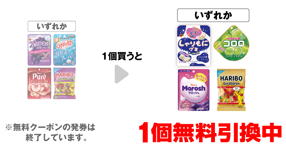 「フェットチーネグミ イタリアングレープ」「味覚糖 激シゲキックス 極刺激ソーダ」「カンロ ピュレグミプレミアム 山梨産白桃」「ハリボー ハッピーグレープ」いずれか1個買うと、「ブルボン しゃりもにグミ ヨーグルト」「味覚糖 コロロ シャインマスカット」「カンロ マロッシュ グレープソーダ味」「ハリボー ゴールドベア 45g」いずれか1個無料引換中 ※無料クーポンの発券は終了しています。