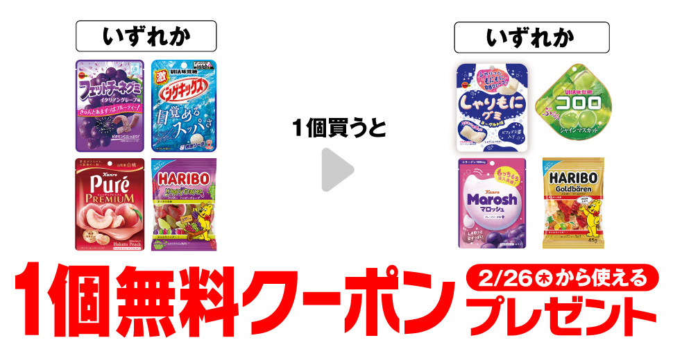 セブンイレブン グミ購入で【コンビニ無料引換券クーポン】が当たる