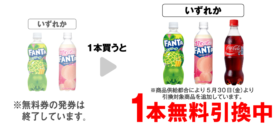 「ファンタ メロンソーダ 500ml」「甘ずっぱいファンタ 朝摘み白桃 490ml」いずれか1本買うと、「ファンタ メロンソーダ 500ml」「甘ずっぱいファンタ 朝摘み白桃 490ml」「コカ・コーラ 500ml※商品供給都合により5月30日（金）より引換対象商品を追加しています。」いずれか1本無料引換中 ※無料券の発券は終了しています。