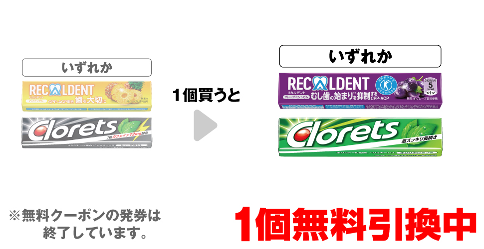 「リカルデント パイナップル」「クロレッツXP シャープミント」いずれか1個買うと、「リカルデント グレープミント」「クロレッツXP オリジナルミント」いずれか1個無料引換中 ※無料クーポンの発券は終了しています。