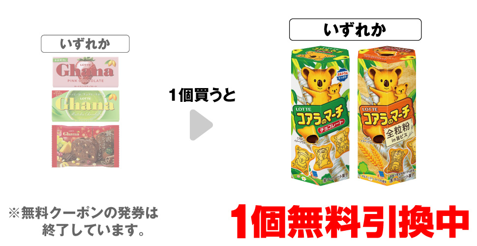 「ロッテ ガーナ ピンクチョコレート」「ロッテ ガーナ 抹茶チョコレート」「ロッテ ガーナ 贅沢ショコラシュトーレン」いずれか1個買うと、「ロッテ コアラのマーチ チョコレート」「ロッテ コアラのマーチ 全粒粉in旨ビス」いずれか1個無料引換中 ※無料クーポンの発券は終了しています。