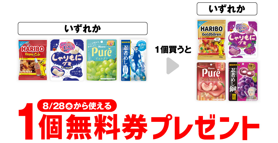 「ハリボー ハッピーコーラ」「ブルボン しゃりもにグミ ヨーグルト」「カンロ ピュレグミ マスカット」「味覚糖 忍者めしラムネ」いずれか1個買うと、「ハリボー ゴールドベア」「ブルボン しゃりもにグミ グレープ味」「カンロ ピュレグミ プレミアム 山梨産白桃」「味覚糖 忍者めし鋼 グレープ味」いずれか1個無料券プレゼント8月28日（木）から使える。