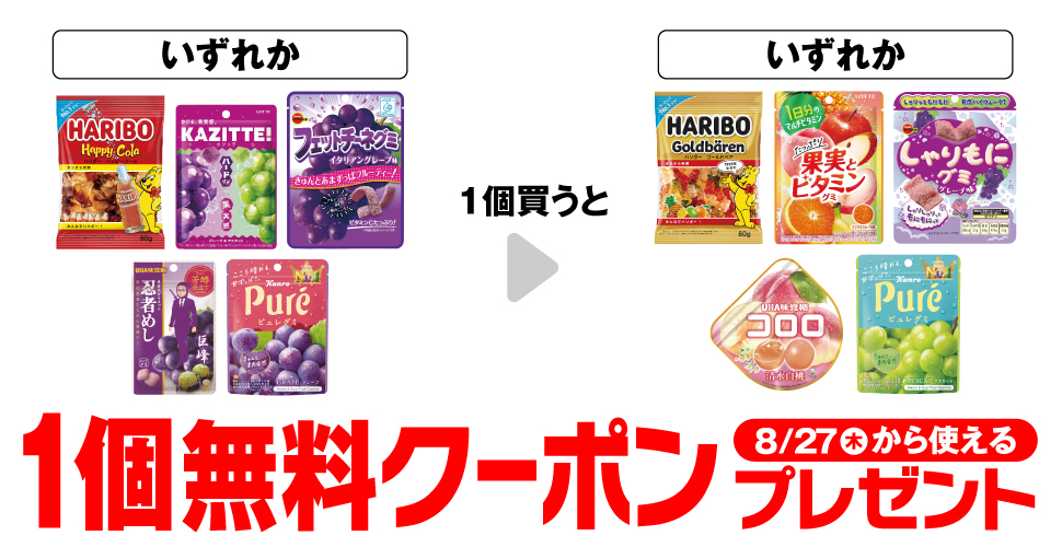 ハリボー ハッピーコーラ・カジッテ グレープ&マスカット・フェットチーネグミ イタリアングレープ・忍者めし 巨峰味・ピュレグミ グレープのいずれか1個を買うと、ハリボー ゴールドベア・ロッテ たっぷり果実とビタミングミ・ブルボン しゃりもにグミ グレープ味・味覚糖 コロロ 清水白桃・カンロ ピュレグミ マスカットのいずれか1個が無料。