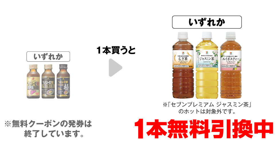 「ヘパリーゼW ハイパー 100ml」「ヘパリーゼW プレミアム 100ml」「ヘパリーゼW プレミアム極 100ml」いずれか1本買うと、「セブンプレミアム むぎ茶 600ml」「セブンプレミアム ジャスミン茶 600ml※ホットは対象外です。」「セブンプレミアム ルイボスティー 600ml」いずれか1本無料引換中 ※無料クーポンの発券は終了しています。