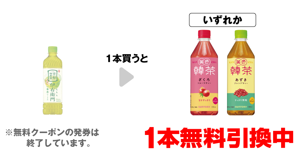 「サントリー 緑茶 伊右衛門 600ml」を1本買うと、「美色韓茶 ざくろ フルーツティー 500ml」「美色韓茶 あずき ブレンドティー 500ml」いずれか1本無料引換中 ※無料クーポンの発券は終了しています。