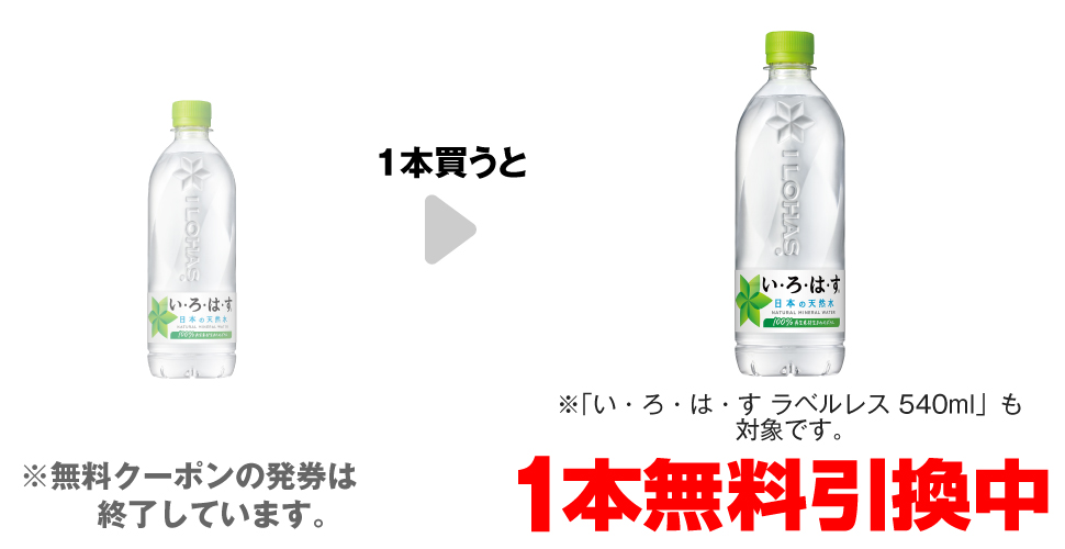 「い・ろ・は・す 天然水 540ml※「い・ろ・は・す ラベルレス 540ml」も対象です。」を1本買うと、同商品1本無料引換中 ※無料クーポンの発券は終了しています。