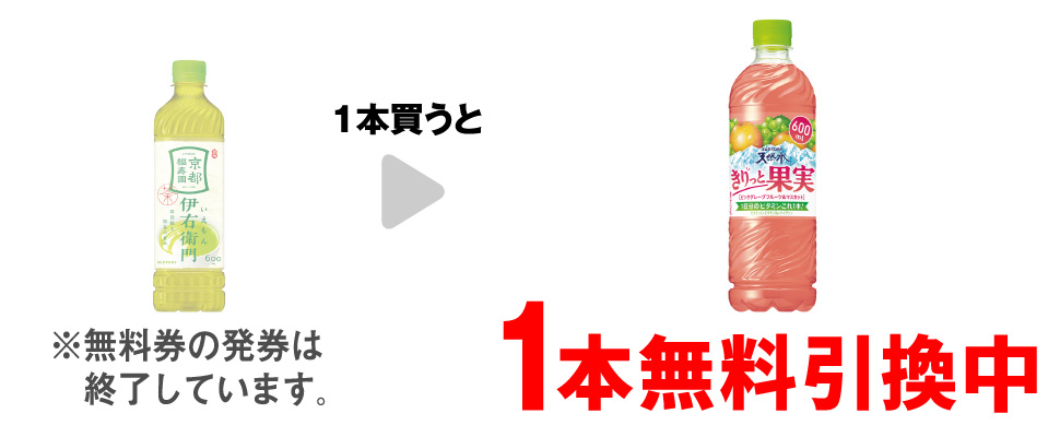 「サントリー 緑茶 伊右衛門 600ml」を1本買うと、「サントリー 天然水 きりっと果実 グレープフルーツ 600ml」1本無料引換中 ※無料券の発券は終了しています。
