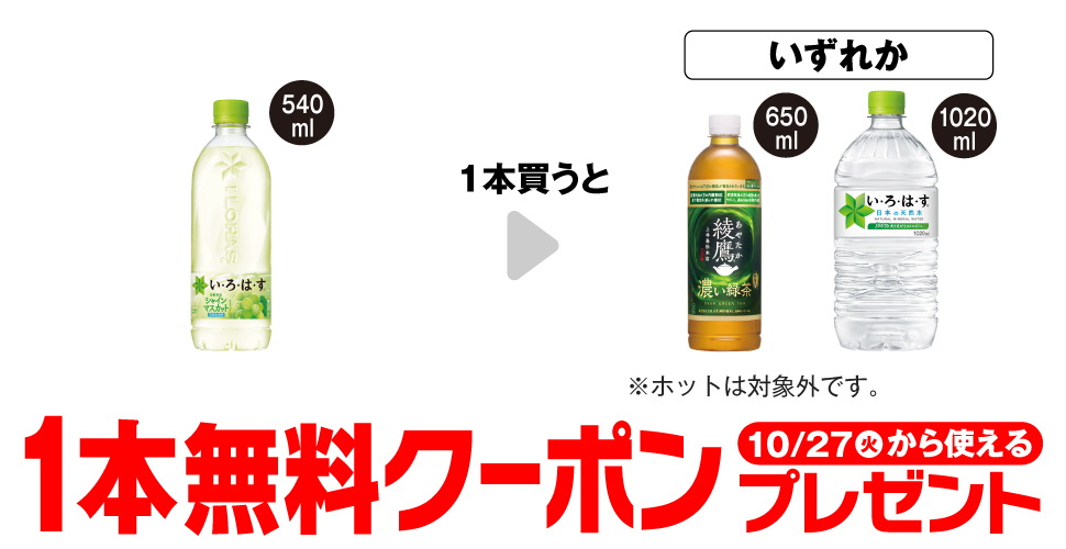 「い・ろ・は・す シャインマスカット 540ml」を1本買うと、「綾鷹 濃い緑茶 650ml※ホットは対象外です。」「い・ろ・は・す 天然水 1020ml」いずれか1本無料クーポンプレゼント10月27日(火)から使える。