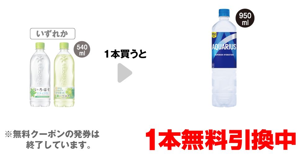 「い・ろ・は・す 天然水 540ml※「い・ろ・は・す ラベルレス 540ml」も対象です。」「い・ろ・は・す シャインマスカット 540mlいずれか1本買うと、「アクエリアス 950ml」1本無料引換中 ※無料クーポンの発券は終了しています。