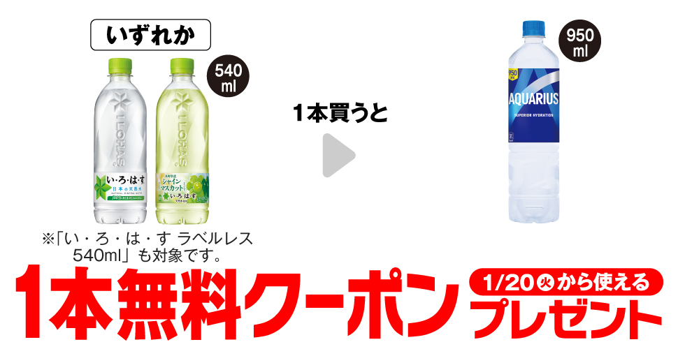 「い・ろ・は・す 天然水 540ml※「い・ろ・は・す ラベルレス 540ml」も対象です。」「い・ろ・は・す シャインマスカット 540mlいずれか1本買うと、「アクエリアス 950ml」1本無料クーポンプレゼント1月20日（火）から使える。
