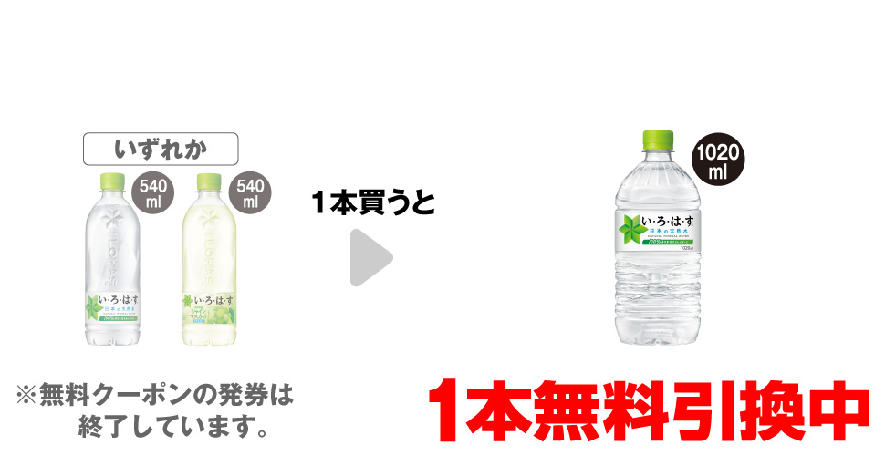 「い・ろ・は・す 天然水 540ml※「い・ろ・は・す ラベルレス 540ml」も対象です。」「い・ろ・は・すシャインマスカット 540ml※「い・ろ・は・す ラベルレス 540ml」も対象です。」いずれか1本買うと、「い・ろ・は・す 天然水 1020ml」1本無料引換中 ※無料クーポンの発券は終了しています。
