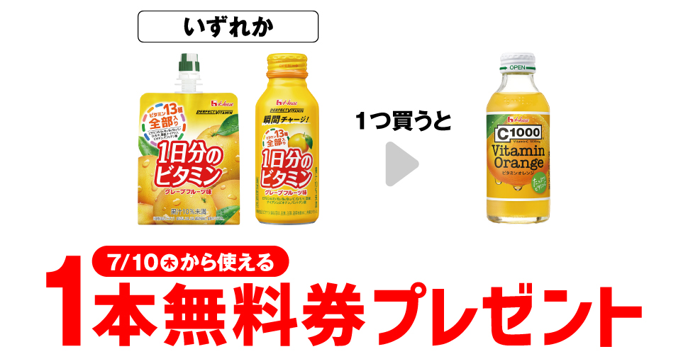 「1日分のビタミン ゼリー」「1日分のビタミン グレープフルーツ 120ml」いずれか1つ買うと、「C1000 ビタミンオレンジ 140ml」1本無料券プレゼント7月10日（木）から使える。