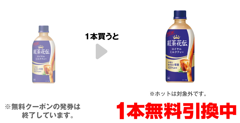 「紅茶花伝 ロイヤルミルクティー 440ml※ホットは対象外です。」を1本買うと、同商品1本無料引換中 ※無料クーポンの発券は終了しています。
