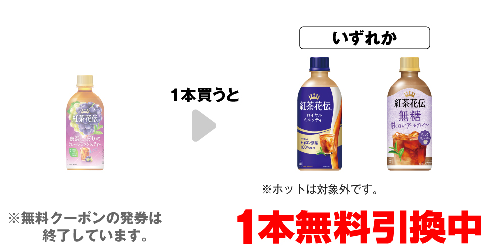 「紅茶花伝 贅沢しぼりのグレープティー 440ml」を1本買うと、「紅茶花伝 ロイヤルミルクティー 440ml※ホットは対象外です。」「紅茶花伝 無糖アールグレイミルク 440ml」いずれか1本無料引換中 ※無料クーポンの発券は終了しています。