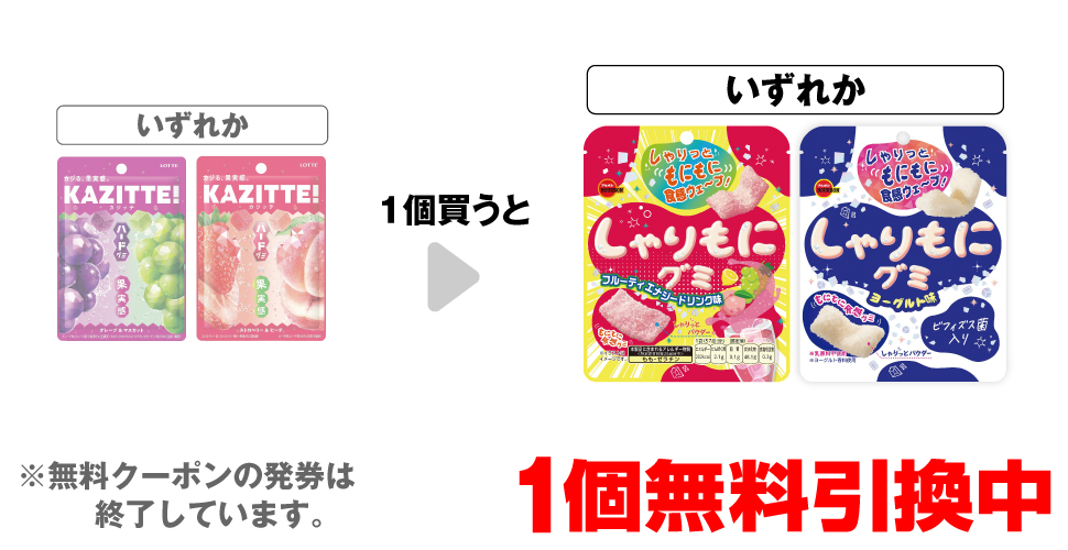 「ロッテ カジッテ グレープ＆マスカット」「ロッテ カジッテ ストロベリー＆ピーチ」いずれか1個買うと、「しゃりもにグミ エナジードリンク味」「しゃりもにグミ ヨーグルト」「　　」いずれか1個無料引換中 ※無料クーポンの発券は終了しています。