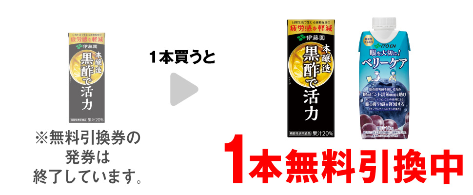 「伊藤園 黒酢で活力 200ml」を1本買うと、「伊藤園 黒酢で活力 200ml」または「伊藤園 ベリーケア 330ml」1本無料引換中 ※無料引換券の発券は終了しています。