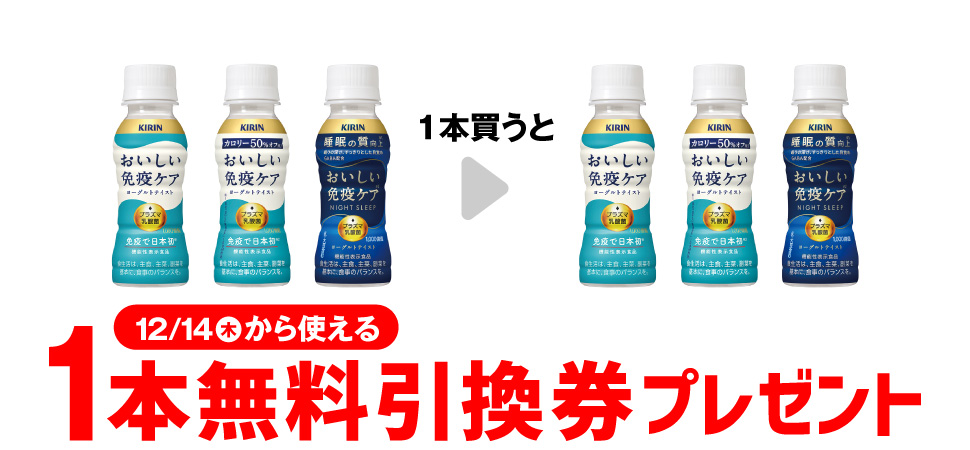 「おいしい免疫ケア 100ml」「おいしい免疫ケア カロリーオフ 100ml」「おいしい免疫ケア 睡眠 100ml」いずれか1本買うと、同商品いずれか1本無料引換券プレゼント 12/14（木）から使える