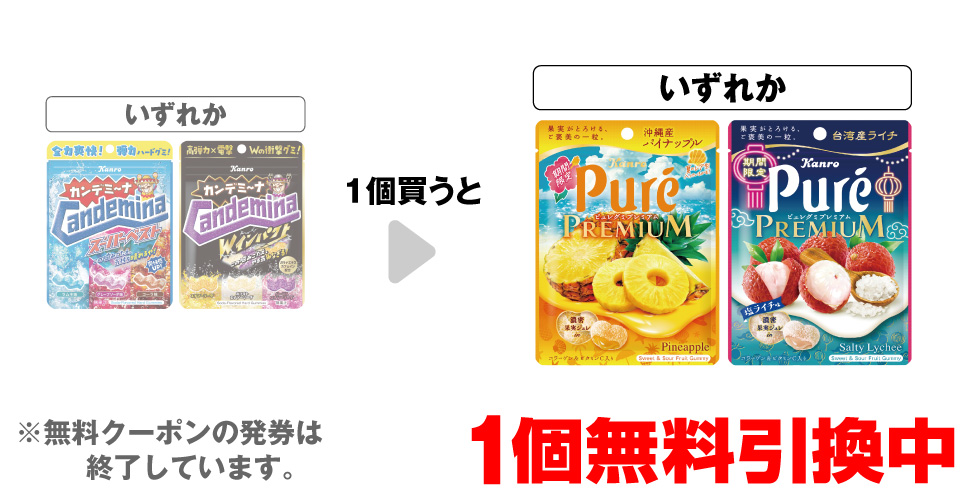 「カンロ カンデミーナグミ スーパーベスト」「カンロ カンデミーナグミ Wインパクト」いずれか1個買うと、「ピュレグミプレミアム 沖縄産パイナップル」「ピュレグミプレミアム 台湾産塩ライチ」いずれか1個無料引換中 ※無料クーポンの発券は終了しています。