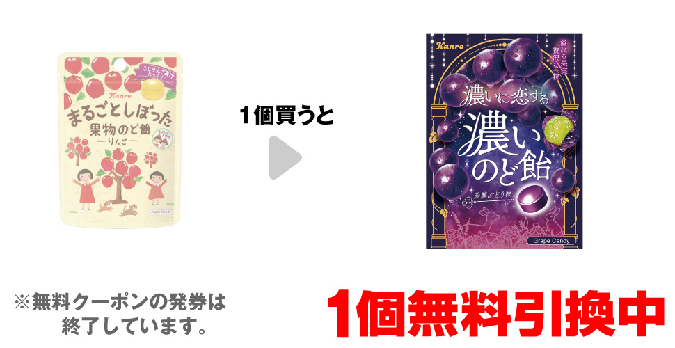 「カンロ まるごとしぼった りんごのど飴 小袋」を1 買うと、「濃いに恋する濃いのど飴 芳醇ぶどう味 小袋」1個無料引換中 ※無料クーポンの発券は終了しています。