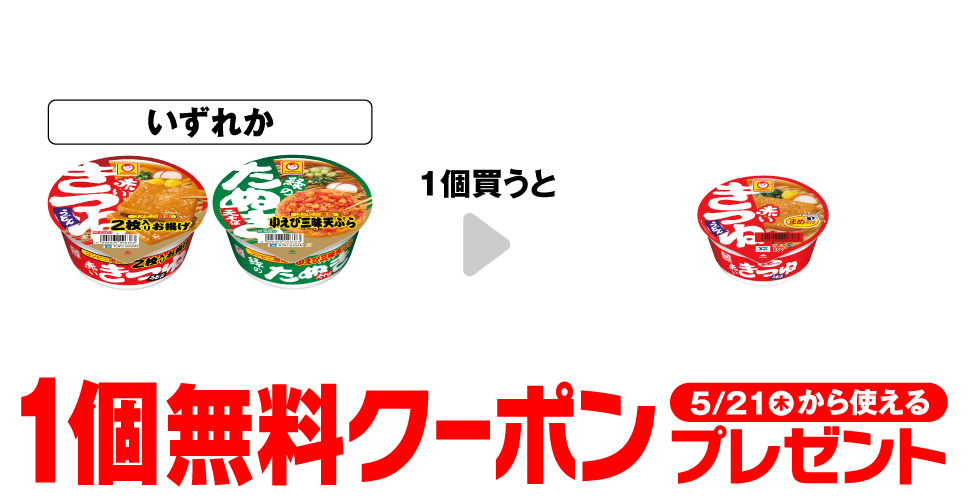 マルちゃん赤いきつね・緑のたぬきで【赤いきつねミニ無料クーポン】プレゼント