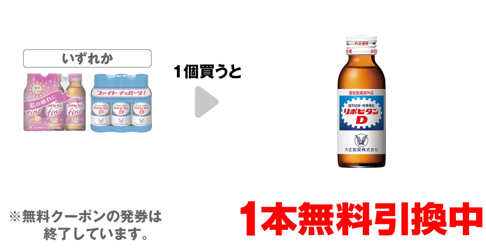 「大正製薬 リポビタンファイン 3本パック」「大正製薬 リポビタンD 3本パック」いずれか1個買うと、「大正製薬 リポビタンD 100mL」1本無料引換中 ※無料クーポンの発券は終了しています。