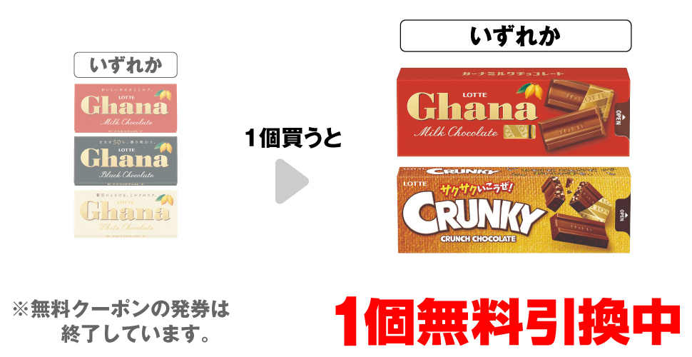 「ロッテ ガーナ ミルクチョコレート」「ロッテ ガーナ ブラック」「ロッテ ガーナ ホワイト」いずれか1個買うと、「ロッテ スリムパック ガーナ」「ロッテ スリムパック クランキー」いずれか1個無料引換中 ※無料クーポンの発券は終了しています。