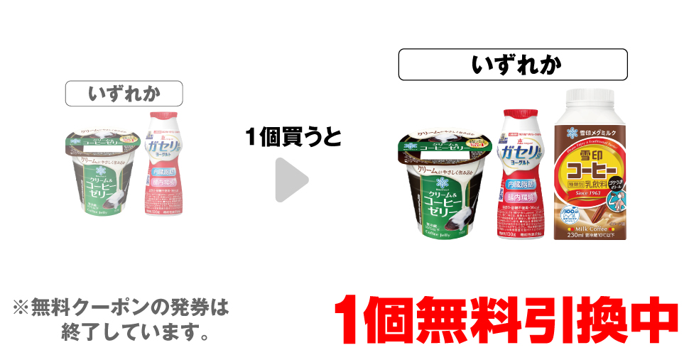 「雪印メグミルク クリームコーヒーゼリー」「ガセリ菌SP株ヨーグルト ドリンクタイプ 100g」いずれか1個買うと、「雪印メグミルク クリームコーヒーゼリー」「ガセリ菌SP株ヨーグルト ドリンクタイプ 100g」「雪印コーヒー ゴクうまボトル 230ml」いずれか1個無料引換中 ※無料クーポンの発券は終了しています。