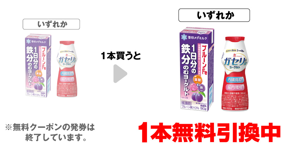 「メグミルク 1日分の鉄分 のむヨーグルト 190g」「ガセリ菌SP株ヨーグルト ドリンクタイプ 100g」いずれか1本買うと、同商品1本無料引換中 ※無料クーポンの発券は終了しています。