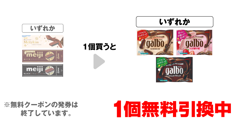 「明治 メルティーショコラ スティックパック」「明治 ミルクチョコレート スティックパック」「明治 ブラックチョコ スティックパック」いずれか1個買うと、「明治ガルボ チョコ ポケットパック」「明治ガルボ つぶ練り苺 ポケットパック」「明治ガルボ ブラック ポケットパック」いずれか1個無料引換中 ※無料クーポンの発券は終了しています。