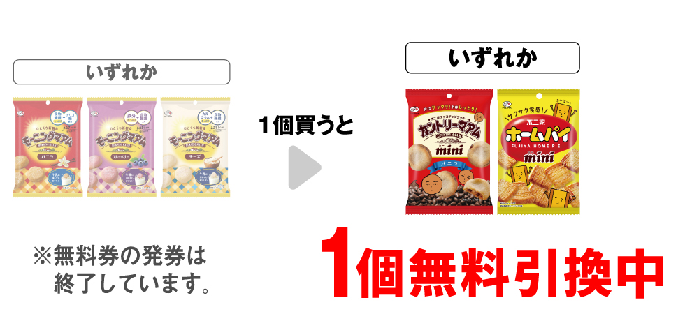 「不二家 モーニングマアム バニラ」「不二家 モーニングマアム ブルーベリー」「不二家 モーニングマアム チーズ」いずれか1個買うと、「不二家 カントリーマアムミニ バニラ」「不二家 ホームパイミニ」いずれか1個無料引換中 ※無料券の発券は終了しています。