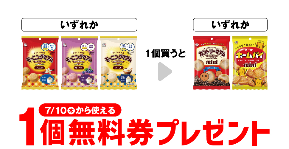 「不二家 モーニングマアム バニラ」「不二家 モーニングマアム ブルーベリー」「不二家 モーニングマアム チーズ」いずれか1個買うと、「不二家 カントリーマアムミニ バニラ」「不二家 ホームパイミニ」いずれか1個無料券プレゼント7月10日（木）から使える。