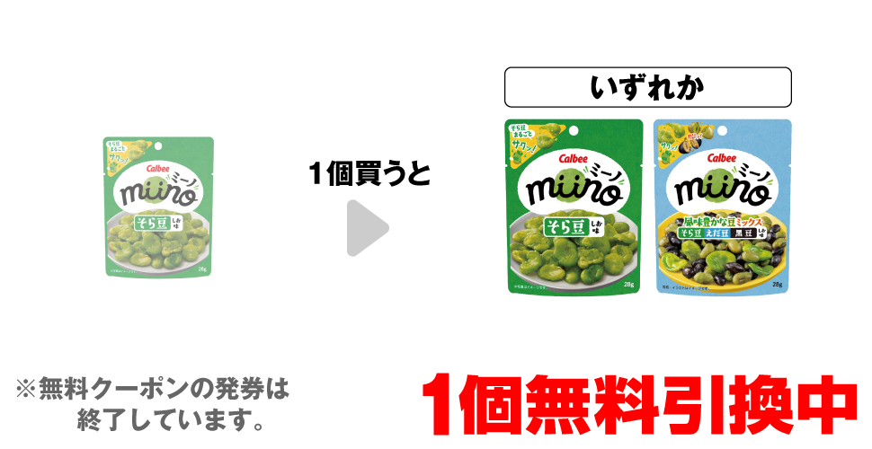 「カルビー miino そら豆しお味」を1個買うと、「カルビー miino そら豆しお味」「カルビー miino そら豆えだ豆黒豆しお味」いずれか1個無料引換中 ※無料クーポンの発券は終了しています。