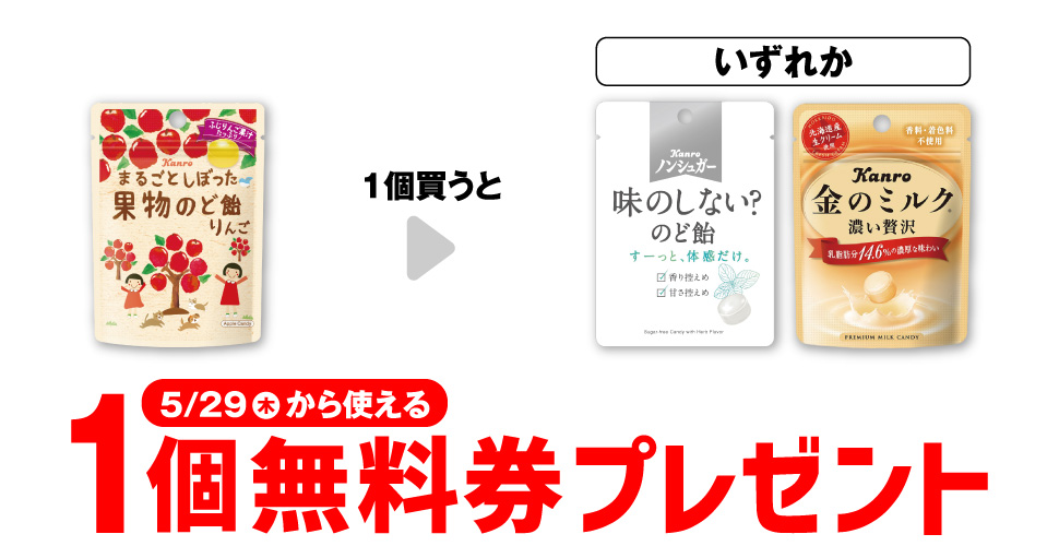 「カンロ まるごとしぼった りんごのど飴 小袋」を1個買うと、「カンロ ノンシュガー 味のしない？のど飴 小袋」または「カンロ 金のミルク キャンディ 小袋」1個無料券プレゼント 5月29日（木）から使える。