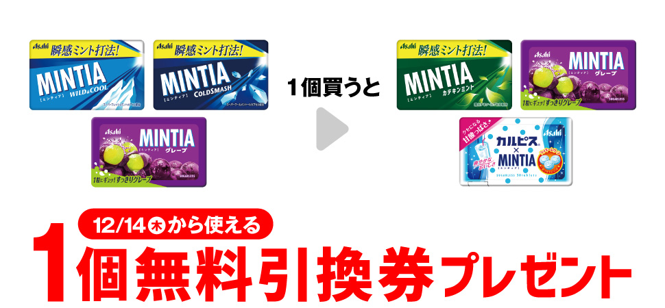 「アサヒ ミンティア ワイルド＆クール」「アサヒ ミンティア コールドスマッシュ」「アサヒ ミンティア グレープ」いずれか1個買うと、「アサヒ ミンティア カテキンミント」「アサヒ ミンティア グレープ」「アサヒ ミンティア カルピス」いずれか1個無料引換券プレゼント 12/14（木）から使える