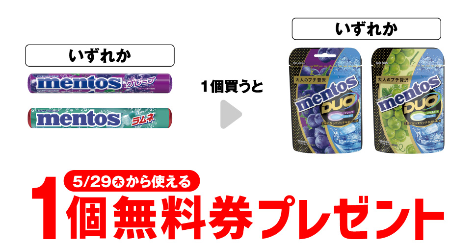 「クラシエ メントス グレープ」または「クラシエ メントス ラムネ」を1個買うと、「クラシエ メントスDUO グレープ＆ソーダ」または「クラシエ メントスDUO シャルドネ＆ソーダ」1個無料券プレゼント 5月29日（木）から使える。