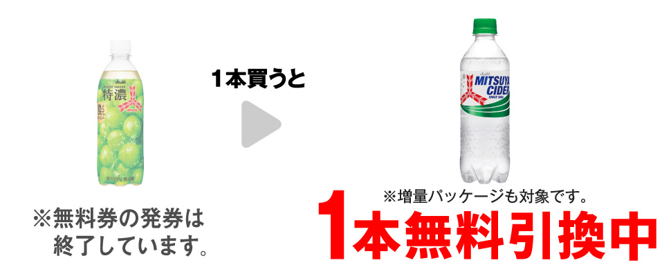 「三ツ矢特濃 マスカットスカッシュ 500ml」を1本買うと、「三ツ矢サイダー 500ml※増量パッケージも対象です。」1本無料引換中 ※無料券の発券は終了しています。