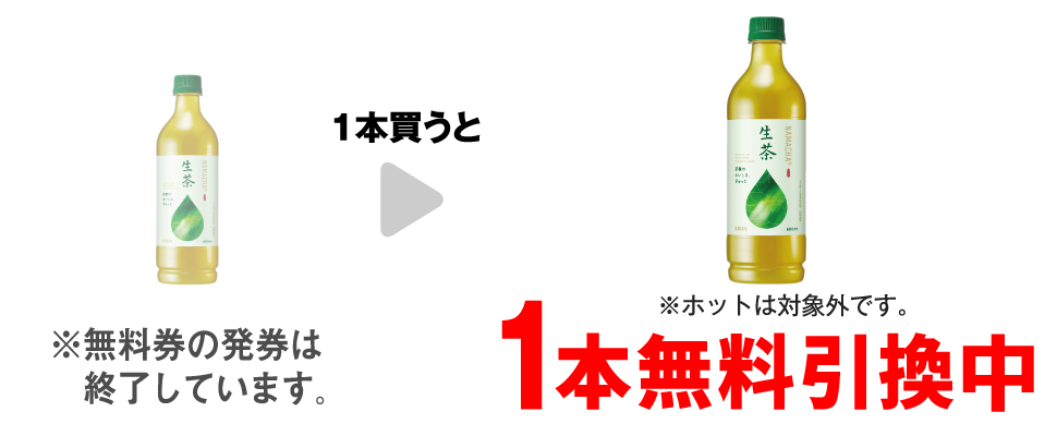 「キリン 生茶 600ml※ホットは対象外です。」を1本買うと、同商品1本無料引換中 ※無料券の発券は終了しています。