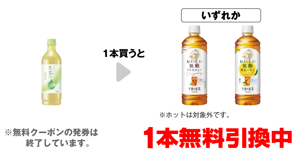 「キリン 生茶 600ml」を1本買うと、「キリン 午後の紅茶 おいしい無糖 600ml※ホットは対象外です。」「キリン 午後の紅茶 おいしい無糖 香るレモン 600ml」いずれか1本無料引換中 ※無料クーポンの発券は終了しています。