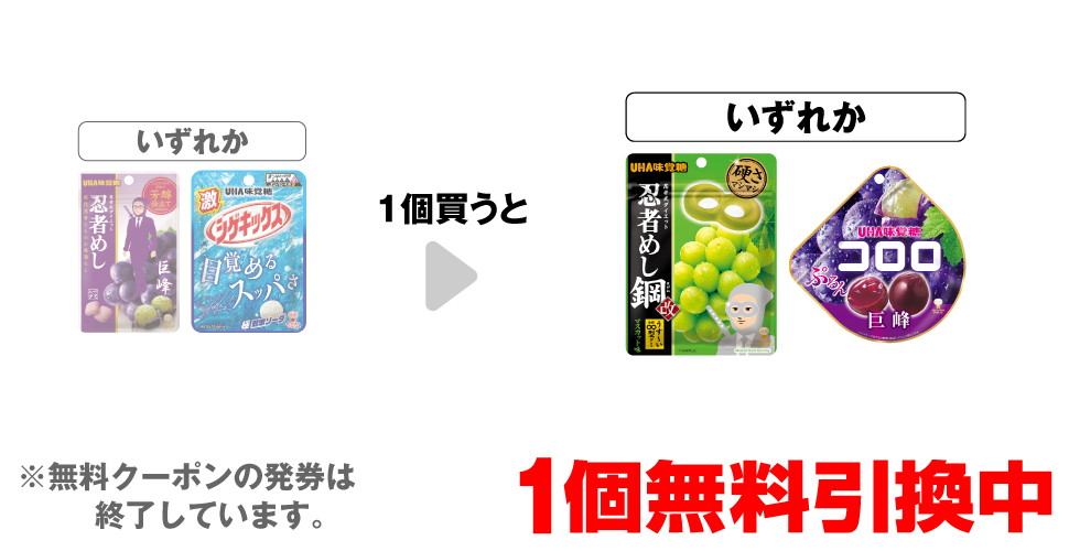 「味覚糖 忍者めし 巨峰味」「味覚糖 激シゲキックス 極刺激ソーダ」いずれか1個買うと、「味覚糖 忍者めし鋼 マスカット味」「味覚糖 コロロ 巨峰」いずれか1個無料引換中 ※無料クーポンの発券は終了しています。