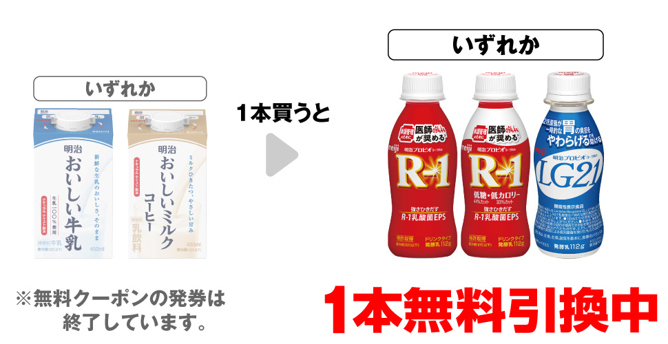 「明治 おいしい牛乳 450ml」「明治 おいしいミルクコーヒー 450ml」いずれか1本買うと、「明治 プロビオヨーグルト R-1ドリンク 112g」「明治 プロビオヨーグルト R-1ドリンク 低糖低カロリー」「明治 プロビオヨーグルト LG21ドリンク 112g」いずれか1本無料引換中 ※無料クーポンの発券は終了しています。