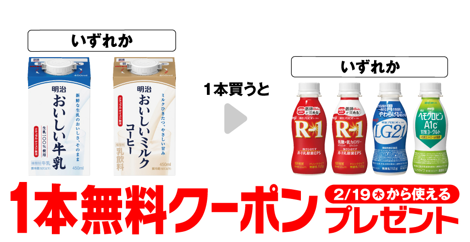 「明治 おいしい 牛乳 450ml」「明治 おいしいミルクコーヒー 450ml」いずれか1本買うと、「明治 プロビオヨーグルト R-1ドリンク 112g」「明治 プロビオヨーグルト R-1ドリンク 低糖低カロリー」「明治 プロビオヨーグルト LG21ドリンク 112g」「明治 ヘモグロビンA1c 対策ヨーグルトドリンク 112g」いずれか1本無料クーポンプレゼント2月19日（木）から使える。
