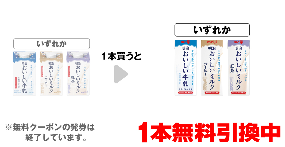 「明治 おいしい牛乳 450ml」「明治 おいしいミルクコーヒー 450ml」「明治 おいしいミルク紅茶 450ml」いずれか1本買うと、「明治 おいしい牛乳 200ml」「明治 おいしいミルクコーヒー 200ml」「明治 おいしいミルク紅茶 200ml」いずれか1本無料引換中 ※無料クーポンの発券は終了しています。
