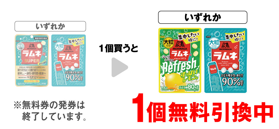 「大粒ラムネ SUPER BOOST」「森永 大粒ラムネ」いずれか1個買うと、「森永 大粒ラムネ Refresh レモン味」「森永 大粒ラムネ」いずれか1個無料引換中 ※無料券の発券は終了しています。